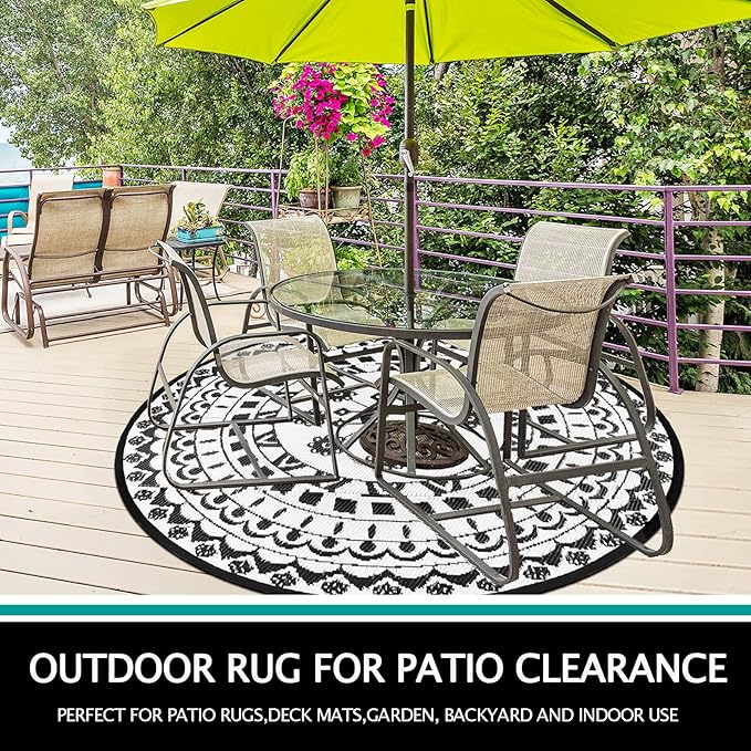 Capslpad 5Ft Round Outdoor Rug for Patio Reversible Mat Waterproof Plastic Straw Rug Boho Circle Indoor Outside Area Rug for RV Camping Picnic Pool Tent Balcony Beach Deck Doormats Decor, Black