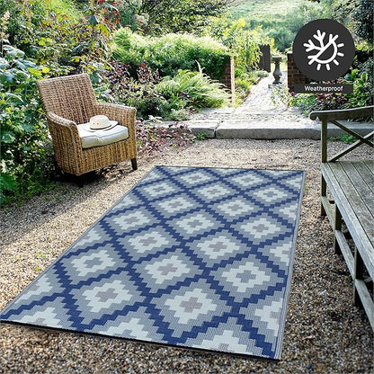 FH Home Outdoor Camping Rug - Waterproof, Fade Resistant, Reversible - Premium Recycled Plastic - Geometric - Large Patio, Deck, Sunroom, RV - Aztec Kilim - Blue Multi - 9 x 12 ft Foldable