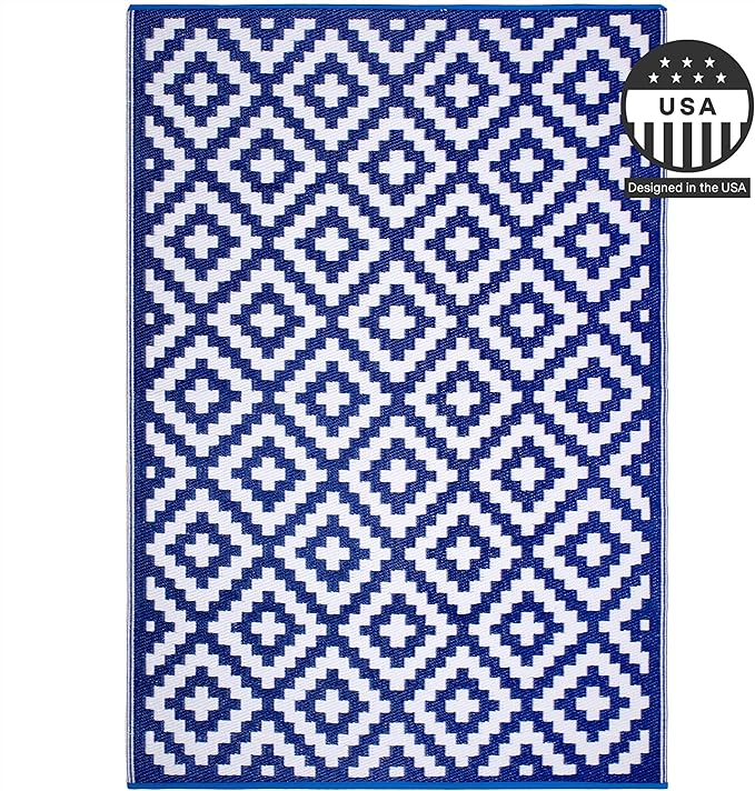 FH Home Outdoor Rug - Waterproof, Fade Resistant, Reversible - Premium Recycled Plastic - Geometric - Patio, Porch, Deck, Balcony - Aztec - Blue & White Crease Free - 5 x 8 ft