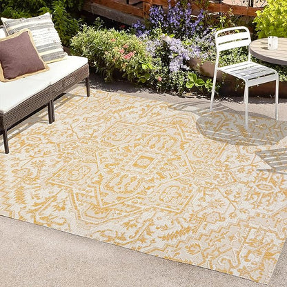 JONATHAN Y SMB105H-8 Estrella Bohemian Medallion Textured Weave Indoor Outdoor Area-Rug, Coastal Traditional Easy-Cleaning,Bedroom,Kitchen,Backyard,Patio,Non Shedding, 8 X 10, Cream/Yellow