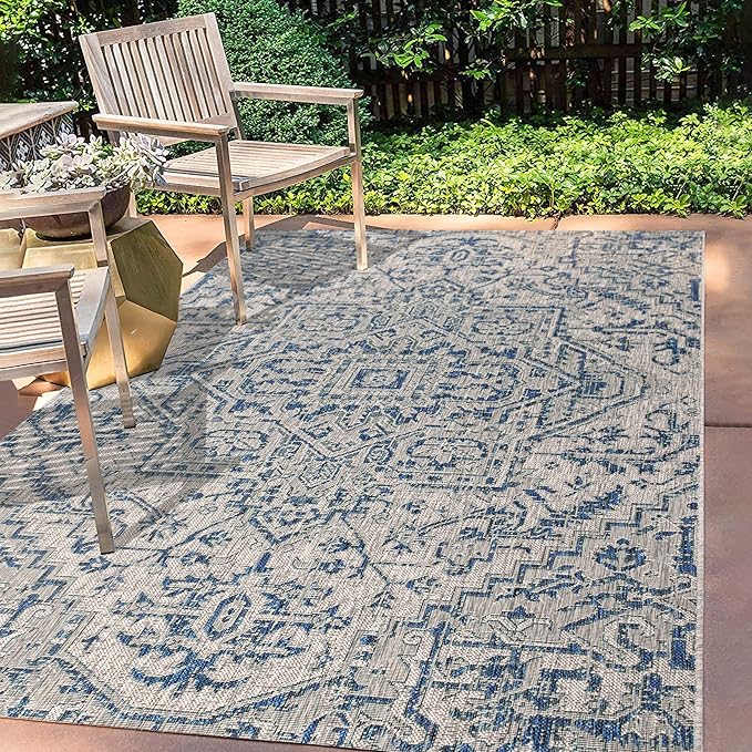 JONATHAN Y SMB105B-8 Estrella Bohemian Medallion Textured Weave Indoor/Outdoor Navy/Gray 8 ft. x 10 ft. Area Rug Coastal, Easy Cleaning, for High Traffic, Kitchen, Living Room, Backyard, Non Shedding