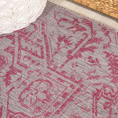 JONATHAN Y SMB105F-210 Estrella Bohemian Medallion Textured Weave Indoor Outdoor Runner Rug,Coastal,Traditional,Transitional Easy Clean,Bedroom,Kitchen,Backyard,Patio,NonShed,Light Gray/Fuchsia,2 X 10