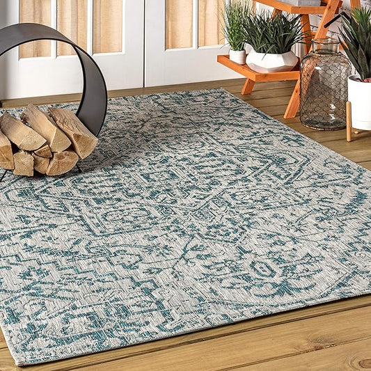 JONATHAN Y SMB105C-4 Estrella Bohemian Medallion Textured Weave Indoor/Outdoor Teal/Gray 4 ft. x 6 ft. Area-Rug, Coastal,Easy-Cleaning,HighTraffic,LivingRoom,Backyard, Non Shedding