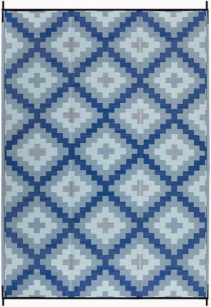 FH Home Outdoor Camping Rug - Waterproof, Fade Resistant, Reversible - Premium Recycled Plastic - Geometric - Large Patio, Deck, Sunroom, RV - Aztec Kilim - Blue Multi - 9 x 12 ft Foldable