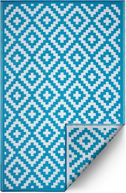FH Home Outdoor Camping Rug - Waterproof, Fade Resistant, Reversible - Premium Recycled Plastic - Geometric - Large Patio, Deck, Sunroom, RV - Aztec - Teal & White - 9 x 12 ft Foldable
