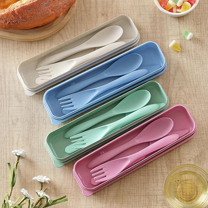 Reusable Travel Utensils Set with Case, 4 Pack Reusable Wheat Straw Portable Utensils Set with Case, Travel Utensils for Lunch, Camping, Picnic, Travel (Green, Pink, Blue, Beige)