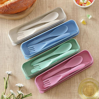 Reusable Travel Utensils Set with Case, 4 Pack Reusable Wheat Straw Portable Utensils Set with Case, Travel Utensils for Lunch, Camping, Picnic, Travel (Green, Pink, Blue, Beige)
