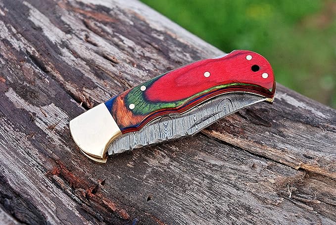Handmade Damascus Steel Pocket Knife & Knife Sharpener - Damascus Folding Knife - Pocket Knife for Men, EDC Knife & Hunting Knife with Back Lock & Beautiful Pakka Wood Handle with Leather Knife Sheath