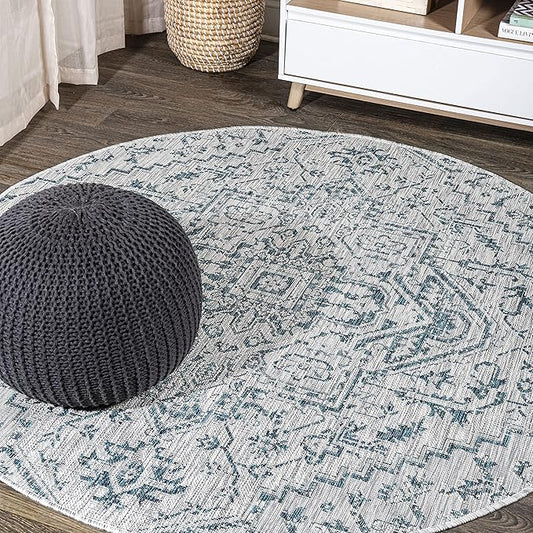 JONATHAN Y SMB105C-6R Estrella Bohemian Medallion Textured Weave Teal/Gray 6' Round Indoor/Outdoor Area Rug, Pet Friendly, Non-Shedding, Stain Resistant, Easy-Cleaning for Backyard, Patio, Porch