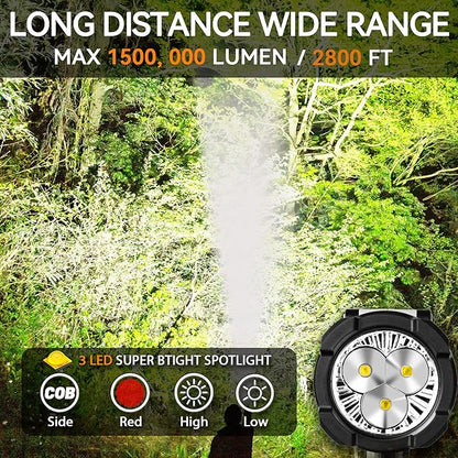 Rechargeable Spotlight, 3LED 1500,000 Lumens 24H Handheld Hunting Spotlight Flashlight Led Spot light with Cob Light and Solar Panels, Lightweight and Bright Spotlight for Hunting Boating Camping
