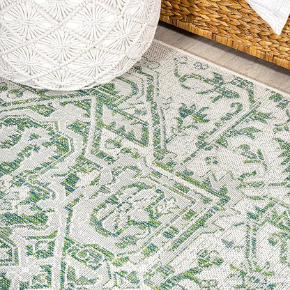 JONATHAN Y SMB105G-210 Estrella Bohemian Medallion Textured Weave Indoor Outdoor Runner Rug, Coastal,Traditional,Transitional Easy Clean,Bedroom,Kitchen,Backyard,Patio, Non-Shed, Green/Cream, 2 X 10