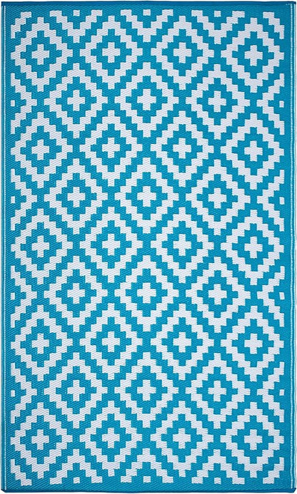 FH Home Outdoor Rug - Waterproof, Fade Resistant, Reversible - Premium Recycled Plastic - Geometric - Patio, Deck, Porch, Balcony, Laundry Room - Aztec - Teal & White Crease Free - 4 x 6 ft