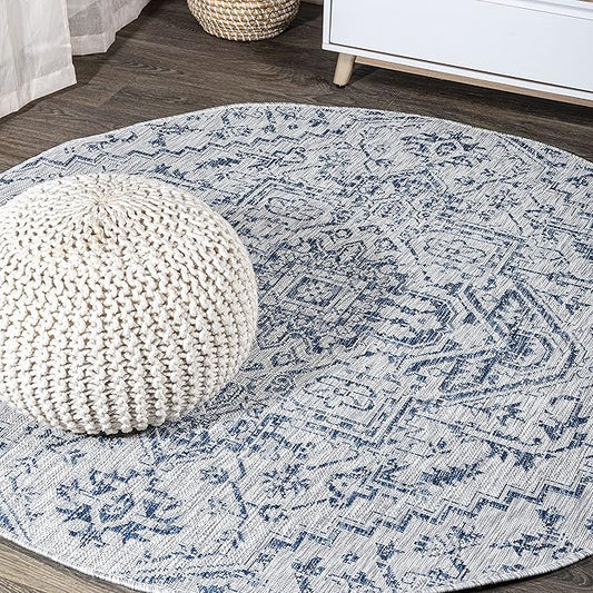 JONATHAN Y SMB105B-4R Estrella Bohemian Medallion Textured Weave Indoor/Outdoor Area Rug, Coastal, Traditional, Vintage for Bedroom, Kitchen, Living Room, Easy-Cleaning, Navy/Gray, 4' Round