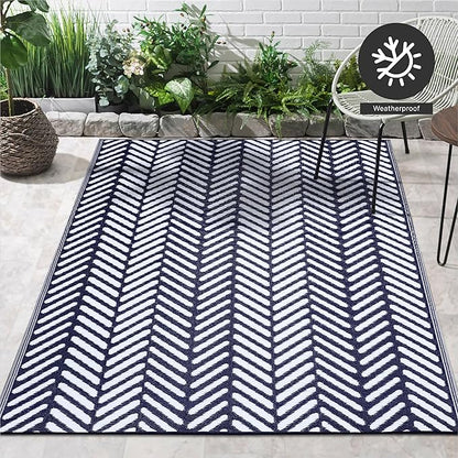 FH Home Outdoor Camping Rug - Waterproof, Fade Resistant, Reversible - Premium Recycled Plastic - Herringbone - Large Patio, Deck, Sunroom, RV - Fresno - Navy - 9 x 12 ft Foldable