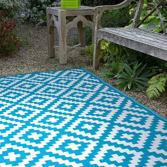 FH Home Outdoor Rug - Waterproof, Fade Resistant, Reversible - Premium Recycled Plastic - Geometric - Large Patio, Deck, Sunroom, Camping, RV - Aztec - Teal & White Crease Free - 6 x 9 ft