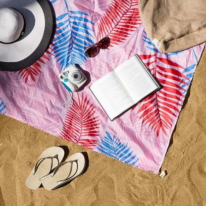 Lightweight Beach Blanket - Oversized 107" x 77" - Waterproof Sandproof - Double Anchored for Fun Leisure Beach Blanket - with Stake and Pouch - Durable Sand Beach Mat