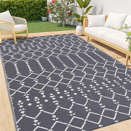 Smiry Outdoor Rug 6x9 ft, Waterproof Reversible Plastic Straw Rugs, Boho Outdoor Area Rug, Outside Floor Mat for Patio, Backyard, Deck, Picnic, Beach, Camping, Grey