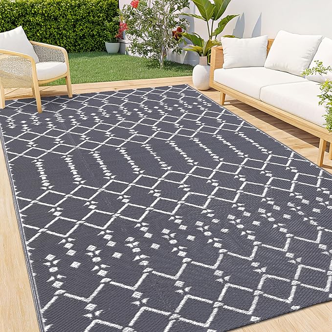 Smiry Outdoor Rug 5x8 ft, Waterproof Reversible Plastic Straw Rugs, Boho Outdoor Area Rug, Outside Floor Mat for Patio, Backyard, Deck, Picnic, Beach, Camping, Grey