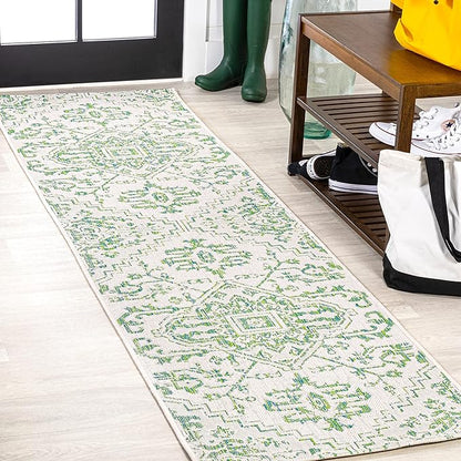 JONATHAN Y SMB105G-210 Estrella Bohemian Medallion Textured Weave Indoor Outdoor Runner Rug, Coastal,Traditional,Transitional Easy Clean,Bedroom,Kitchen,Backyard,Patio, Non-Shed, Green/Cream, 2 X 10