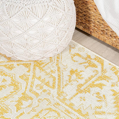 JONATHAN Y SMB105H-28 Estrella Bohemian Medallion Textured Weave Indoor Outdoor Runner Rug, Coastal Traditional Transitional Easy Cleaning,Bedroom,Kitchen,Backyard,Patio, Cream/Yellow, 2 X 8