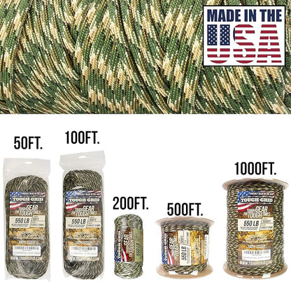 TOUGH-GRID Premium 550lb Paracord Rope -200ft - Forest Camo - 100% Nylon Type III Mil-Spec - UV & Abrasion Resistant - Heavy Duty Strands - Outdoor Survival Rope - Used by US Military - Made in USA