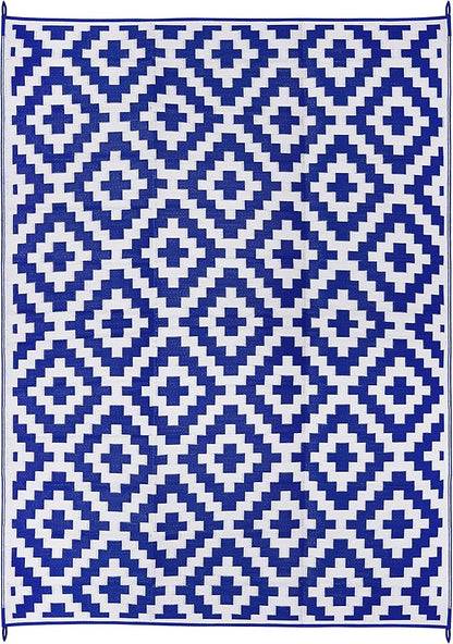 FH Home Outdoor Camping Rug - Waterproof, Fade Resistant, Reversible - Premium Recycled Plastic - Geometric - Large Patio, Deck, Sunroom, RV - Aztec - Blue & White - 9 x 12 ft Foldable
