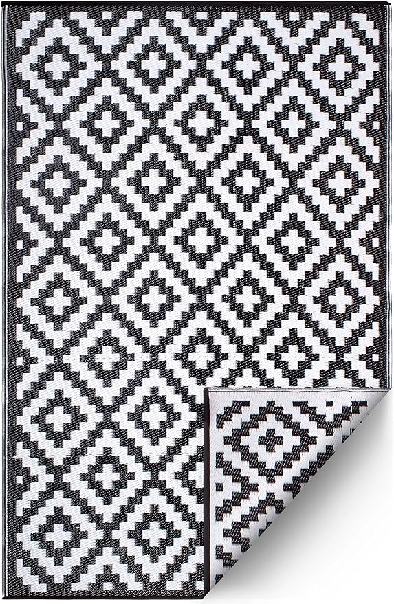 FH Home Outdoor Camping Rug - Waterproof, Fade Resistant, Reversible - Premium Recycled Plastic - Geometric - Patio, Deck, Sunroom, RV - Aztec - Black & White - 5 x 8 ft Foldable