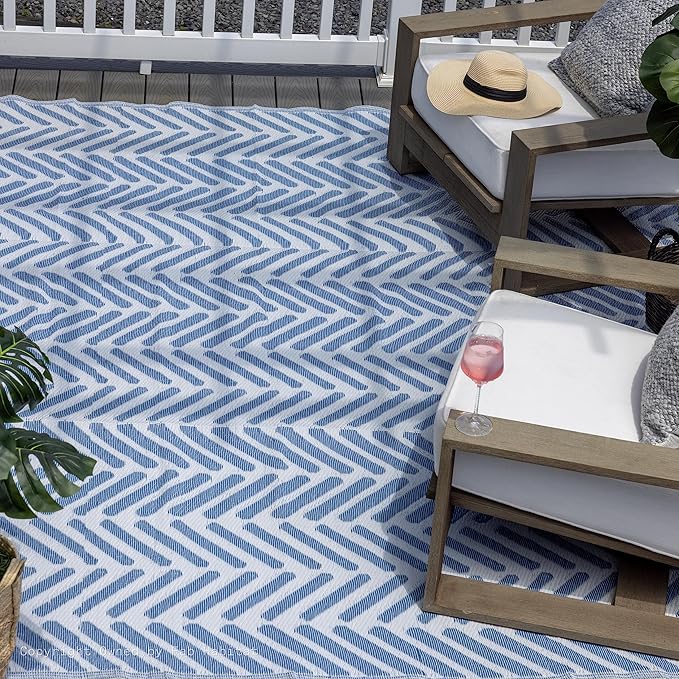 FH Home Outdoor Camping Rug - Waterproof, Fade Resistant, Reversible - Premium Recycled Plastic - Herringbone - Large Patio, Deck, Sunroom, RV - Fresno - Light Blue - 4 x 6 ft Foldable