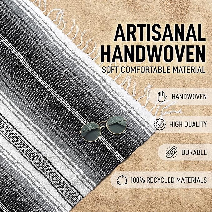 Authentic Extra Large Mexican Blanket (70"x50") - Handwoven Yoga Blanket, Serape Blanket - Artisanal Falsa Blanket, Beach Blanket, Camping Blanket, Picnic Blanket, Outdoor Blanket (Gray)
