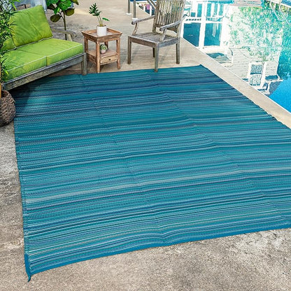 FH Home Outdoor Camping Rug - Waterproof, Fade Resistant, Reversible - Premium Recycled Plastic - Striped - Patio, Deck, Sunroom, RV - Havana - Turquoise - 5 x 8 ft Foldable