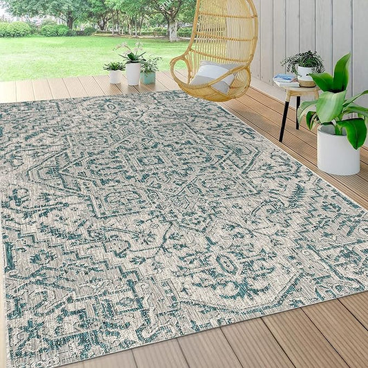 JONATHAN Y SMB105C-8 Estrella Bohemian Medallion Textured Weave Teal/Gray 8 ft. x 10 ft. Indoor/Outdoor Area Rug Coastal, Traditional, Transitional, Perfect for Backyard, Patio, Porch