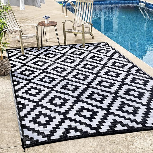 FH Home Outdoor Camping Rug - Waterproof, Fade Resistant, Reversible - Premium Recycled Plastic - Geometric - Picnic, Patio, Deck, Sunroom, RV - Aztec - Black & White - 4 x 6 ft Foldable