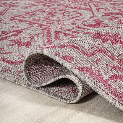 JONATHAN Y SMB105F-3 Estrella Bohemian Medallion Textured Weave Indoor Outdoor Area Rug, Coastal,Traditional,Transitional Easy Clean,Bedroom,Kitchen,Backyard,Patio,Non-Shed, Light Gray/Fuchsia, 3 X 5