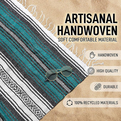 Authentic Extra Large Mexican Blanket (70"x50") - Handwoven Yoga Blanket, Serape Blanket - Artisanal Falsa Blanket, Beach Blanket, Camping Blanket, Picnic Blanket, Outdoor Blanket (Emerald)