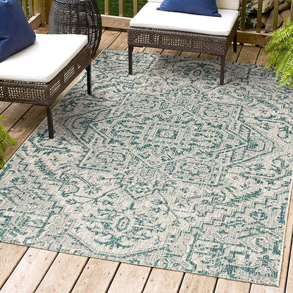 JONATHAN Y SMB105C-8 Estrella Bohemian Medallion Textured Weave Teal/Gray 8 ft. x 10 ft. Indoor/Outdoor Area Rug Coastal, Traditional, Transitional, Perfect for Backyard, Patio, Porch