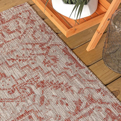 JONATHAN Y SMB105A-6SQ Estrella Bohemian Medallion Textured Weave Red/Taupe 6' Square Indoor/Outdoor Area Rug, Pet Friendly, Non-Shedding, Stain Resistant, Easy-Cleaning for Backyard, Patio, Porch