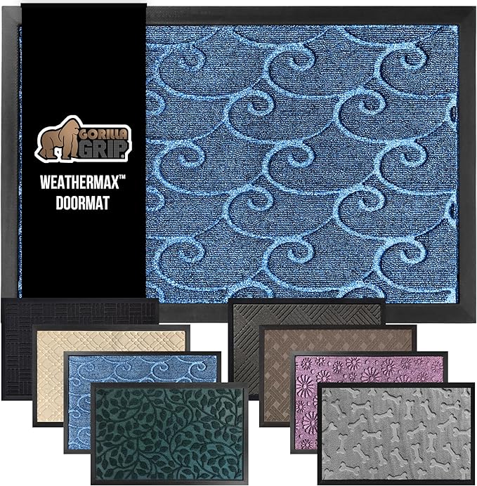 GORILLA GRIP 100% Waterproof All-Season WeatherMax Doormat, 23x35, Durable Natural Rubber, Stain and Fade Resistant, Low Profile, Indoor Outdoor Doormats, Easy Clean Patio Entry Mat, Ocean Blue Waves