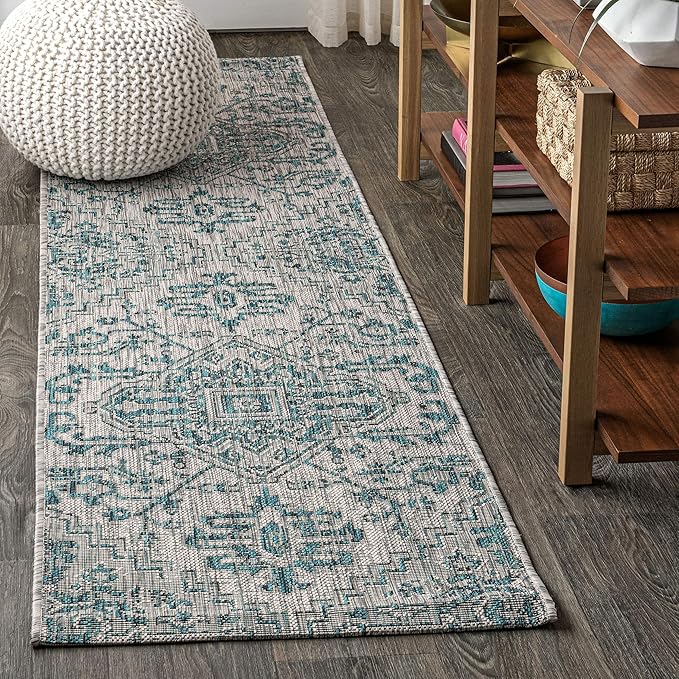JONATHAN Y SMB105C-210 Estrella Bohemian Medallion Textured Weave Indoor Outdoor Runner Rug Coastal Bohemian Rustic Glam Easy-Cleaning Bedroom Kitchen Backyard Patio Non Shedding, 2 X 10, Teal/Gray