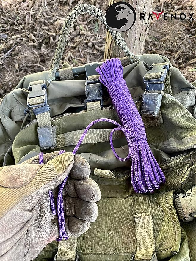 Ravenox Type III 550 Paracord | Genuine Military 550 Cord (Purple)(100 Feet)| 7 Inner Strand, 100% Twisted Nylon Cordage | Parachute Cord Rope for Military, Survival, Outdoor Recreation | Made in USA