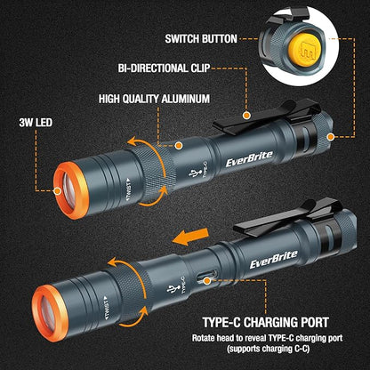EverBrite Mini Pen Light, Rechargeable Pocket Pen Flashlight with USB C Cable, 4 Light Modes, 300 Lumens Small Flashlight with Clip for Inspection, Repair, Outdoors, Emergency, Blue