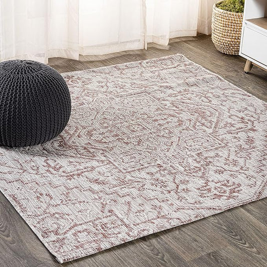 JONATHAN Y SMB105A-6SQ Estrella Bohemian Medallion Textured Weave Red/Taupe 6' Square Indoor/Outdoor Area Rug, Pet Friendly, Non-Shedding, Stain Resistant, Easy-Cleaning for Backyard, Patio, Porch
