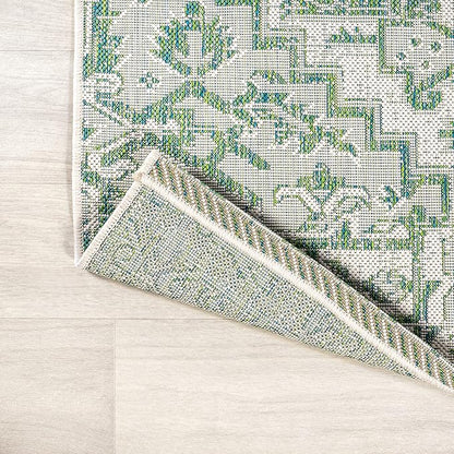 JONATHAN Y SMB105G-210 Estrella Bohemian Medallion Textured Weave Indoor Outdoor Runner Rug, Coastal,Traditional,Transitional Easy Clean,Bedroom,Kitchen,Backyard,Patio, Non-Shed, Green/Cream, 2 X 10