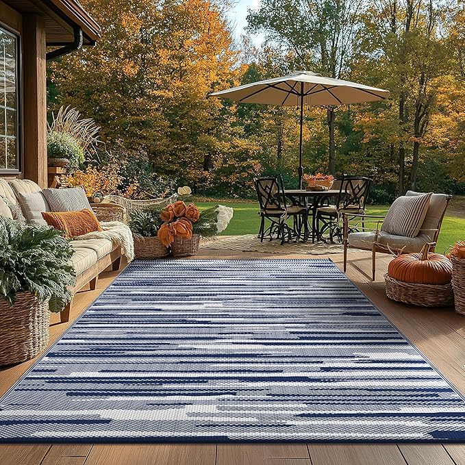 GENIMO Outdoor Rug for Patio Clearance, 5'x8' Waterproof Camping Mat, Reversible Plastic Straw Rugs for RV, Camper, Balcony, Backyard, Picnic, Deck (Blue White)
