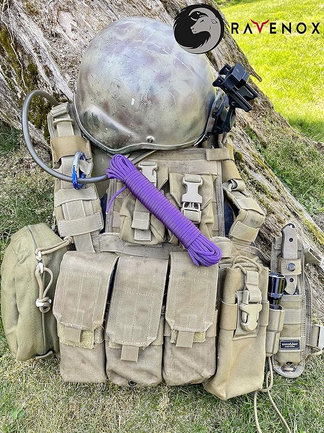 Ravenox Type III 550 Paracord | Genuine Military 550 Cord (Purple)(100 Feet)| 7 Inner Strand, 100% Twisted Nylon Cordage | Parachute Cord Rope for Military, Survival, Outdoor Recreation | Made in USA