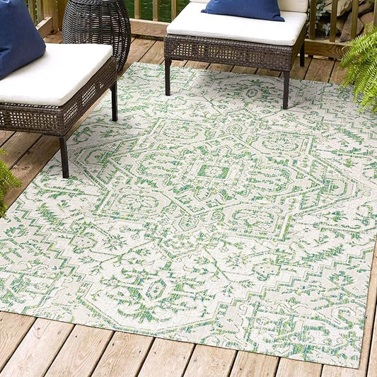JONATHAN Y SMB105G-4 Estrella Bohemian Medallion Textured Weave Indoor Outdoor Area-Rug, Coastal Traditional Easy-Cleaning,Bedroom,Kitchen,Backyard,Patio,Non Shedding, 4 X 6, Green/Cream