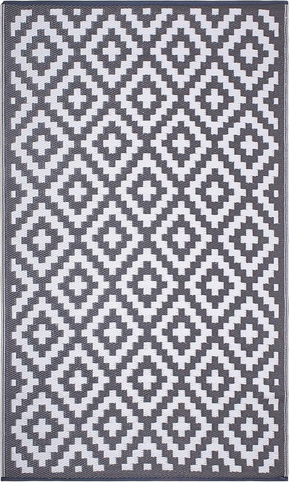FH Home Outdoor Rug - Waterproof, Fade Resistant, Reversible - Premium Recycled Plastic - Geometric - Porch, Deck, Balcony, Mudroom, Laundry Room, Patio - Aztec - Gray & White Crease Free - 3 x 5 ft