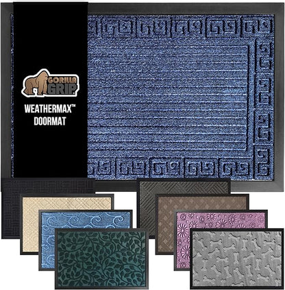 GORILLA GRIP 100% Waterproof All-Season WeatherMax Doormat, 23x35, Durable Natural Rubber, Stain and Fade Resistant, Low Profile, Indoor Outdoor Door Mats, Easy Clean Patio Entry Mat, Navy Greek Keys