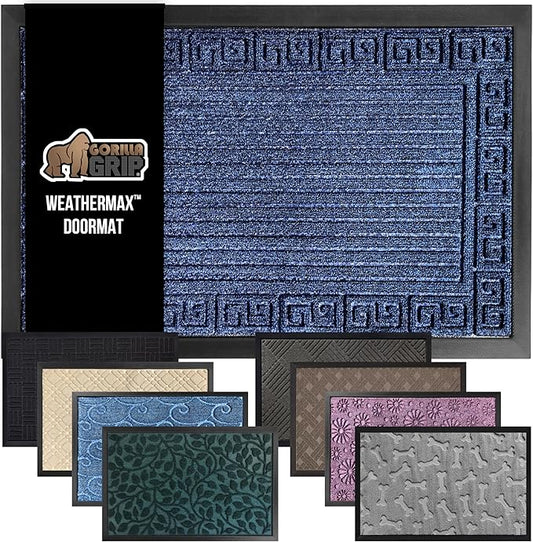 GORILLA GRIP 100% Waterproof All-Season WeatherMax Doormat, 23x35, Durable Natural Rubber, Stain and Fade Resistant, Low Profile, Indoor Outdoor Door Mats, Easy Clean Patio Entry Mat, Navy Greek Keys