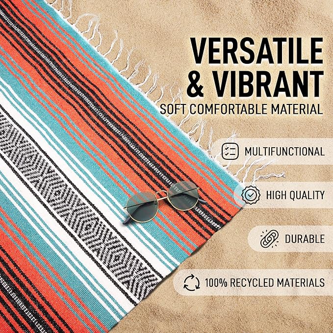 Authentic Large Handwoven Mexican Blanket - Soft Yoga Blanket - Durable Serape Blanket - Lightweight Falsa Blanket, Beach Blanket, Camping Blanket, Picnic Blanket, Outdoor Blanket 70"x50" - Mandarin
