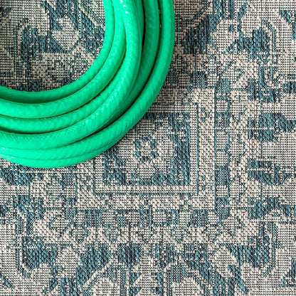 JONATHAN Y SMB105C-210 Estrella Bohemian Medallion Textured Weave Indoor Outdoor Runner Rug Coastal Bohemian Rustic Glam Easy-Cleaning Bedroom Kitchen Backyard Patio Non Shedding, 2 X 10, Teal/Gray